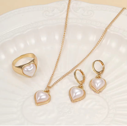 Pearl Heart Jewelry Set - Necklace, Earrings, and Finger Ring