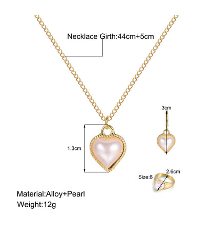 Pearl Heart Jewelry Set - Necklace, Earrings, and Finger Ring