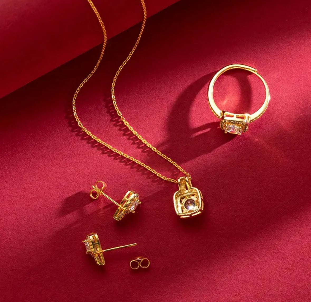 Gold Square Crystal Jewelry Set - Necklace, Earrings, and Finger Ring