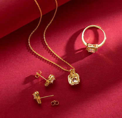 Gold Square Crystal Jewelry Set - Necklace, Earrings, and Finger Ring