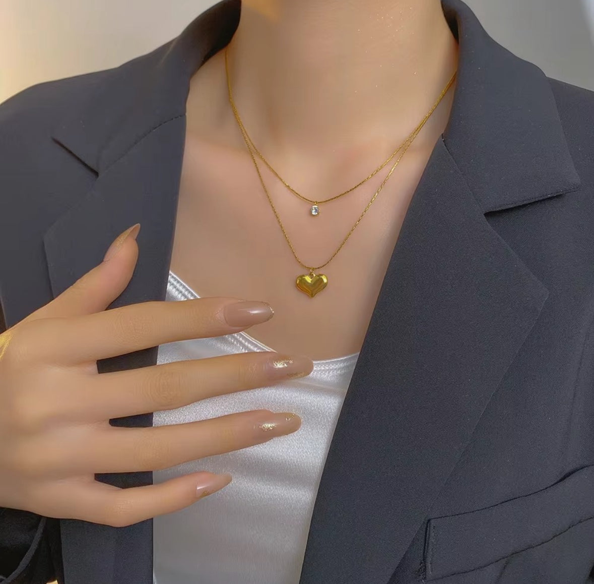 Layered Gold Heart & Crystal Necklace