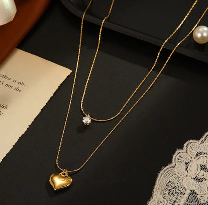 Layered Gold Heart & Crystal Necklace