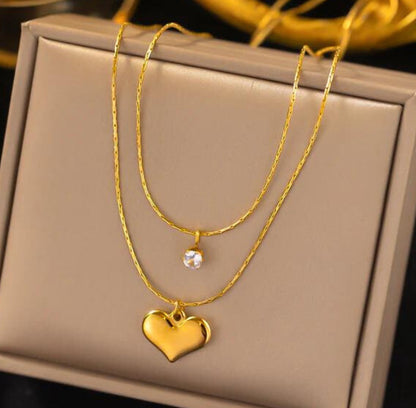 Layered Gold Heart & Crystal Necklace