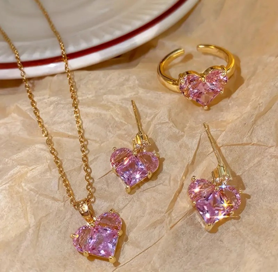 Pink Crystal Heart Jewelry Set - Necklace, Earrings, and Finger Ring