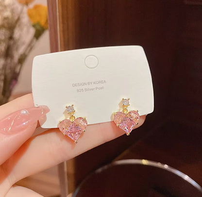 Pink Crystal Heart Jewelry Set - Necklace, Earrings, and Finger Ring