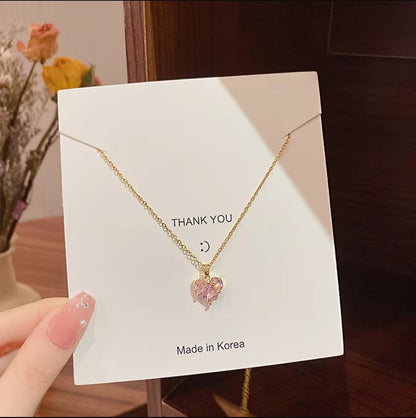 Pink Crystal Heart Jewelry Set - Necklace, Earrings, and Finger Ring