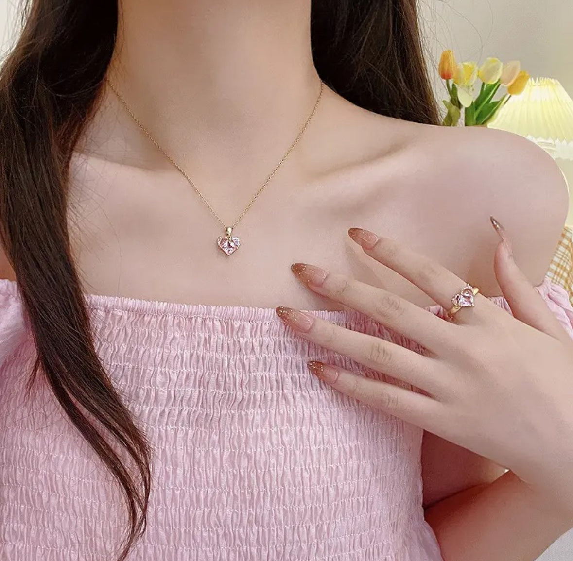 Pink Crystal Heart Jewelry Set - Necklace, Earrings, and Finger Ring