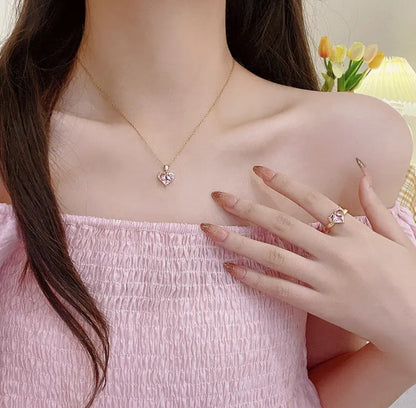 Pink Crystal Heart Jewelry Set - Necklace, Earrings, and Finger Ring