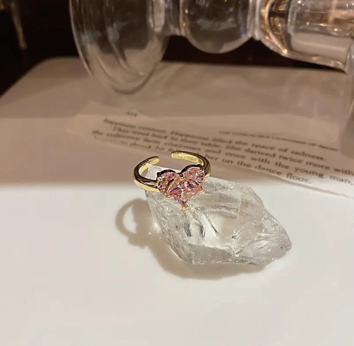 Pink Crystal Heart Jewelry Set - Necklace, Earrings, and Finger Ring