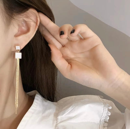 White and Gold Long Tassel Earrings