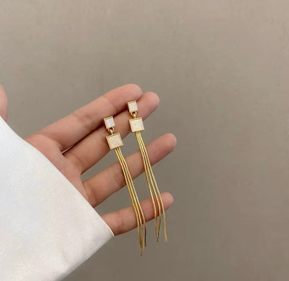 White and Gold Long Tassel Earrings
