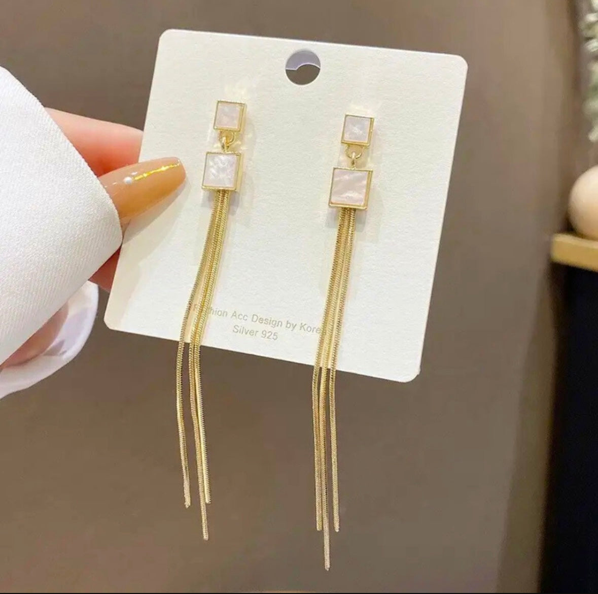 White and Gold Long Tassel Earrings