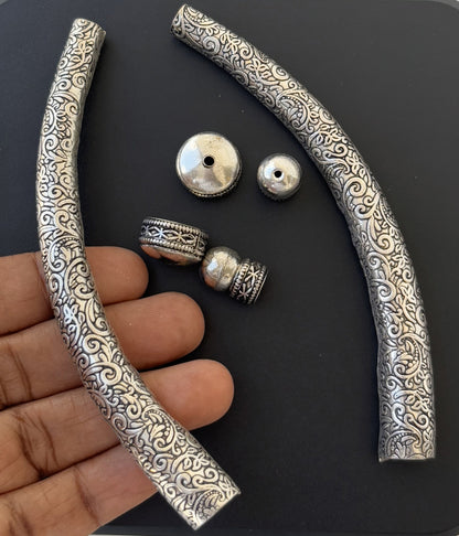 German Silver Hasuli Trunk Beads with Floral Scrollwork