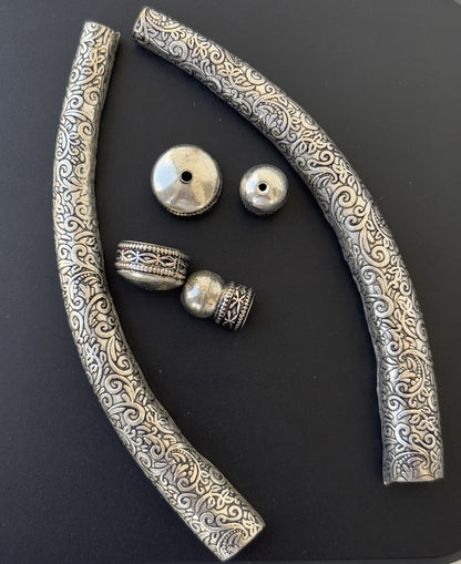 German Silver Hasuli Trunk Beads with Floral Scrollwork