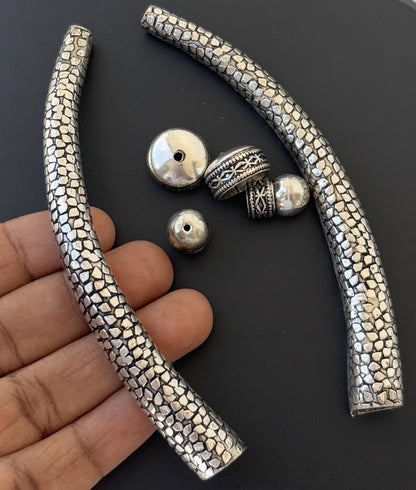 German Silver Hasuli Trunk Beads with Pebbled Pattern