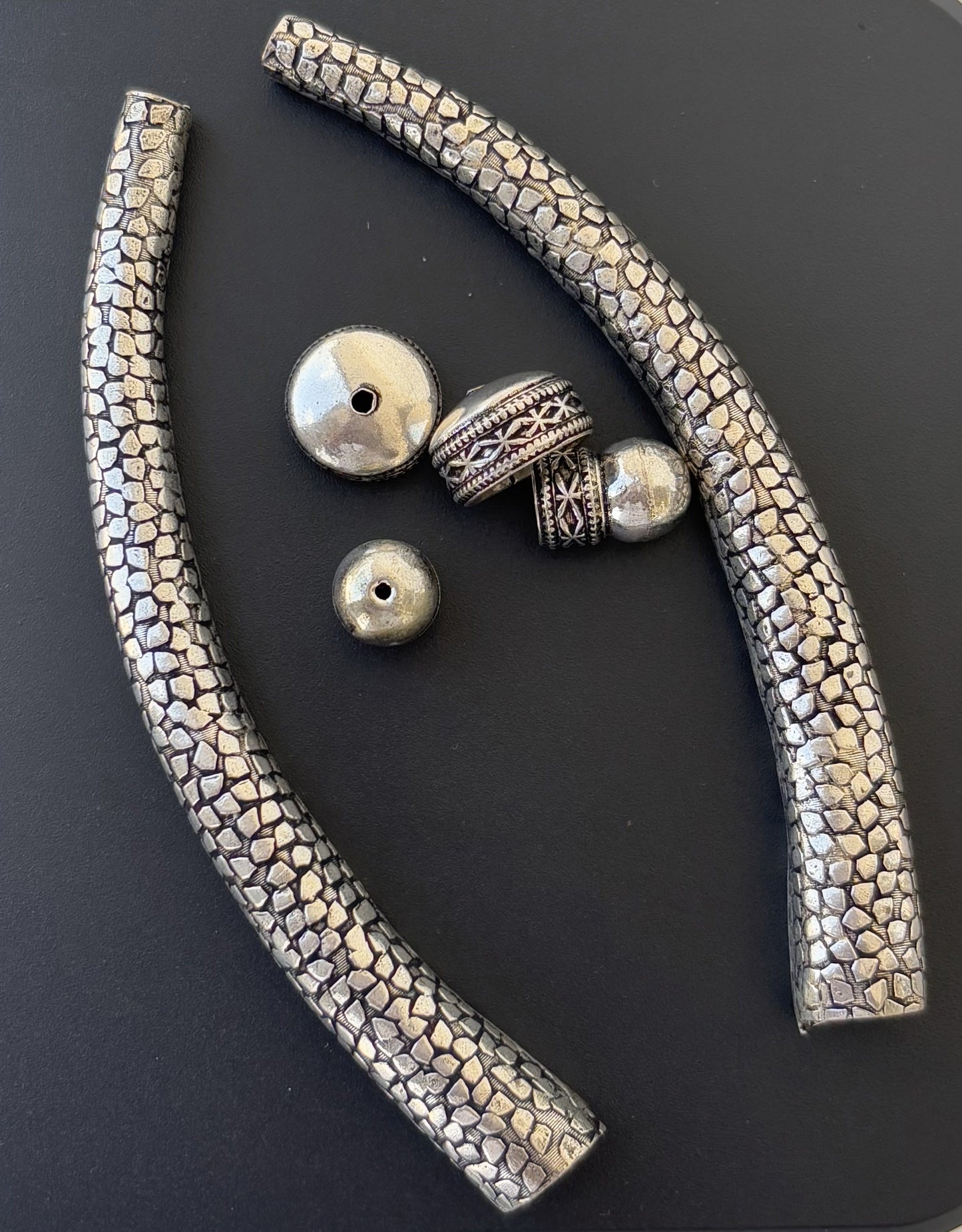 German Silver Hasuli Trunk Beads with Pebbled Pattern