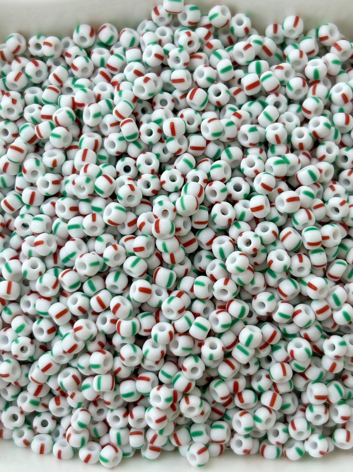 Preciosa White with Red and Green Stripe Seed Beads