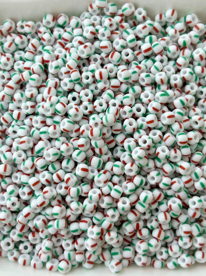 Preciosa White with Red and Green Stripe Seed Beads