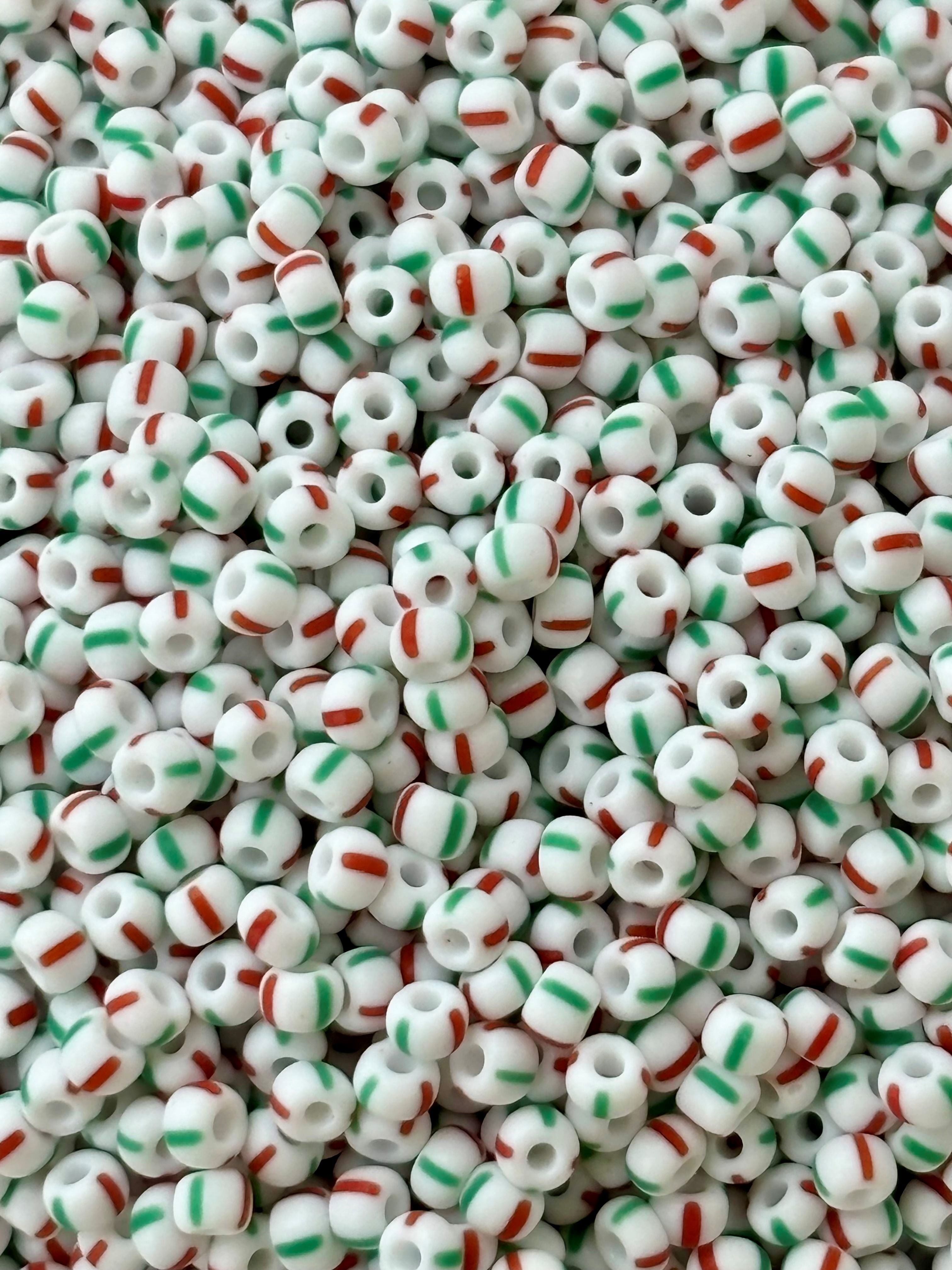 Preciosa White with Red and Green Stripe Seed Beads