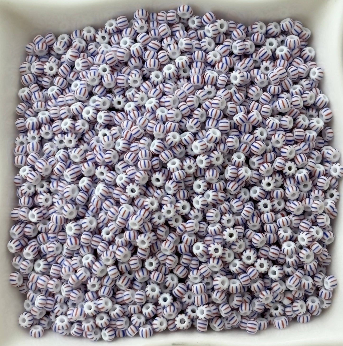 Preciosa White with Blue and Red Stripe Seed Beads