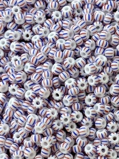 Preciosa White with Blue and Red Stripe Seed Beads