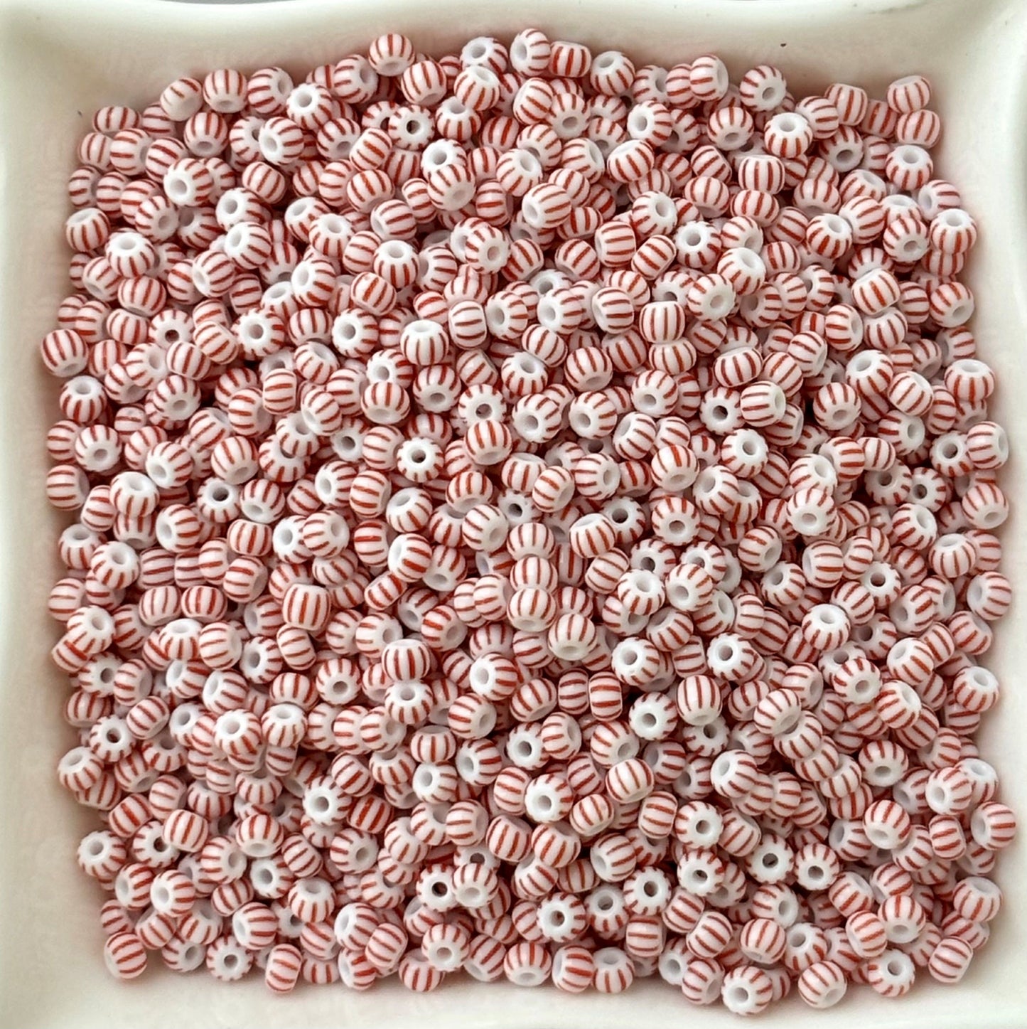 Preciosa White with Red Stripe Seed Beads