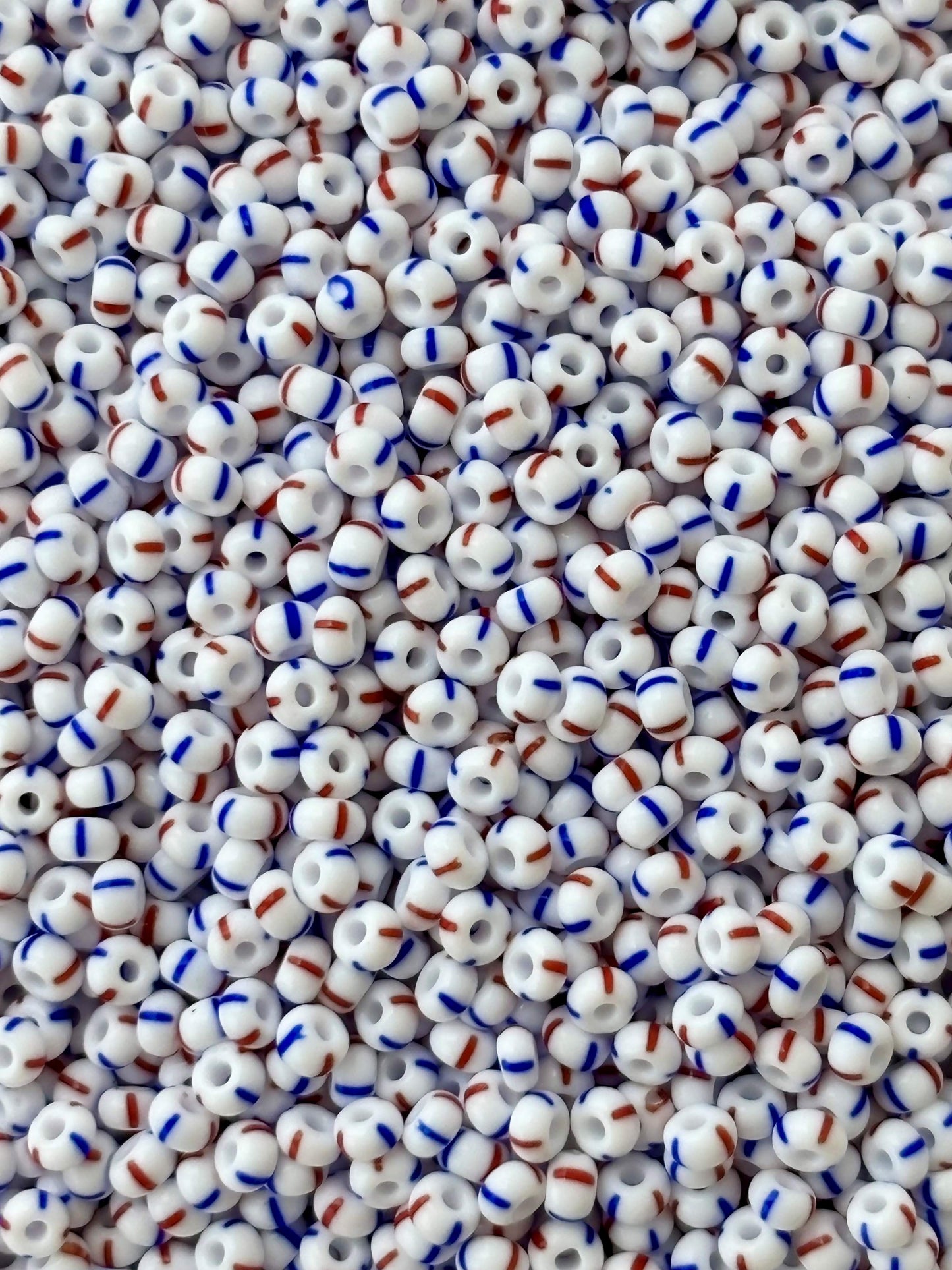 Preciosa White with Blue and Red Thin Stripe Seed Beads