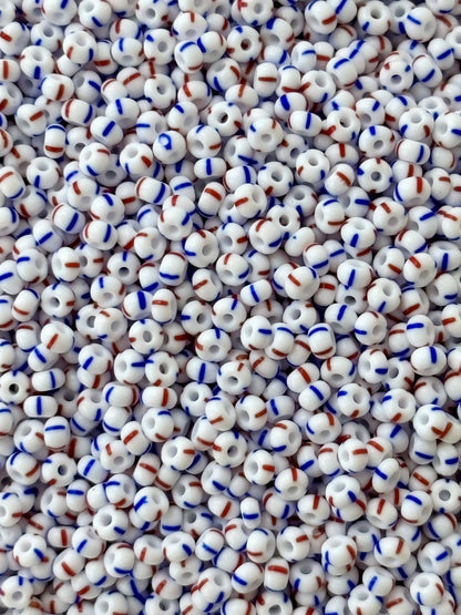 Preciosa White with Blue and Red Thin Stripe Seed Beads