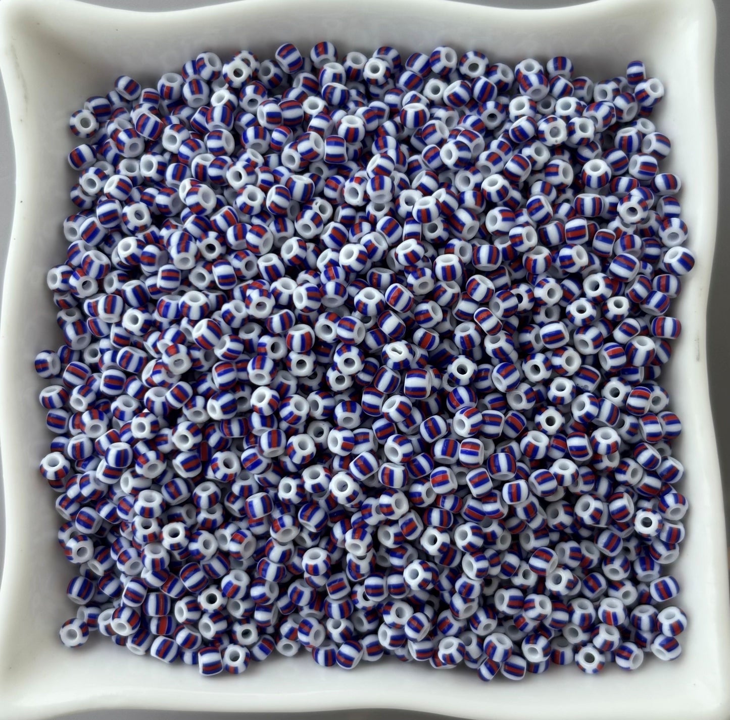 Preciosa White with Blue and Red Thick Stripe Seed Beads