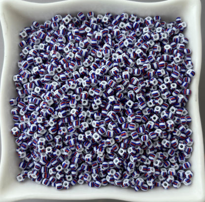 Preciosa White with Blue and Red Thick Stripe Seed Beads