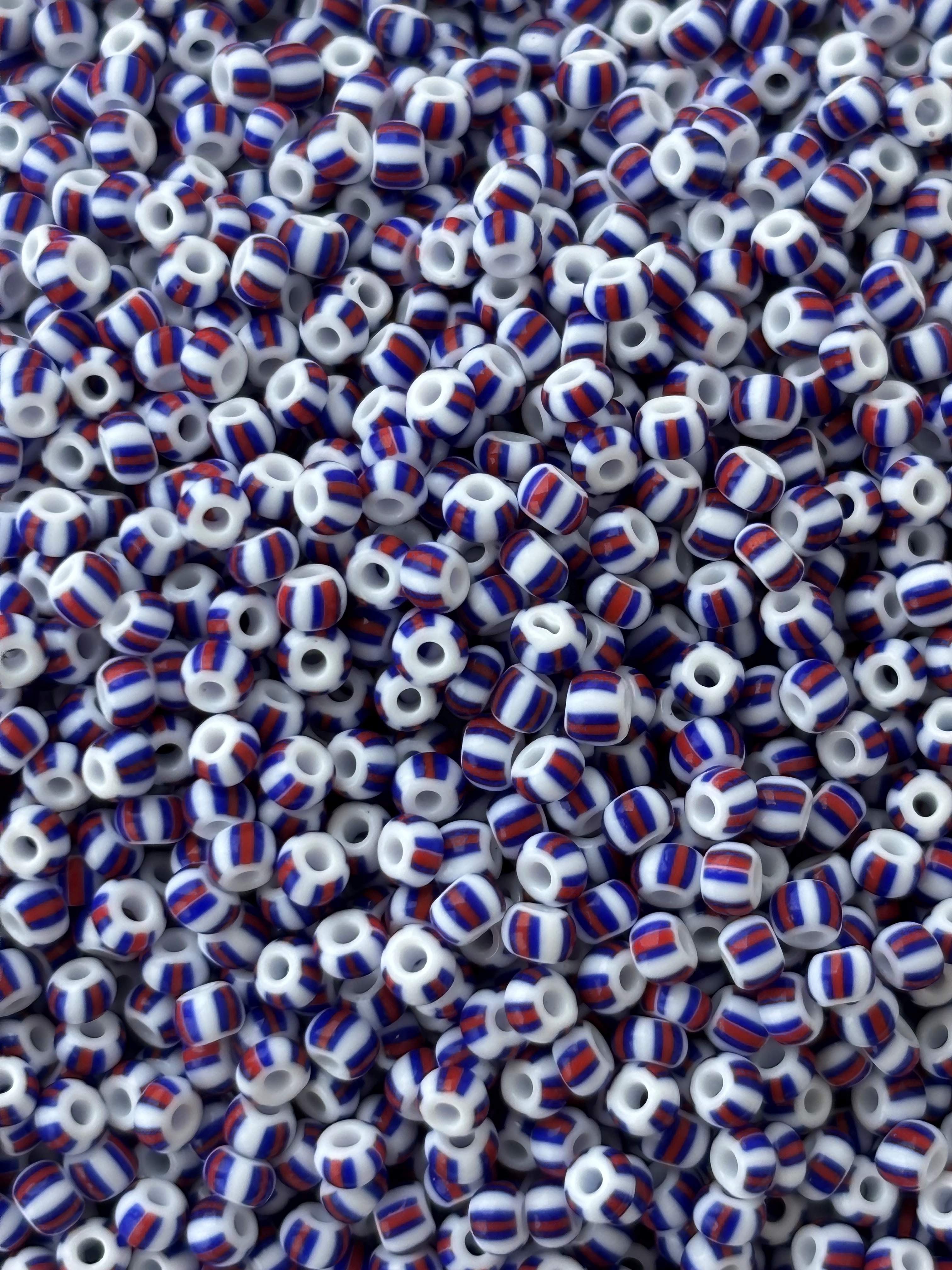 Preciosa White with Blue and Red Thick Stripe Seed Beads