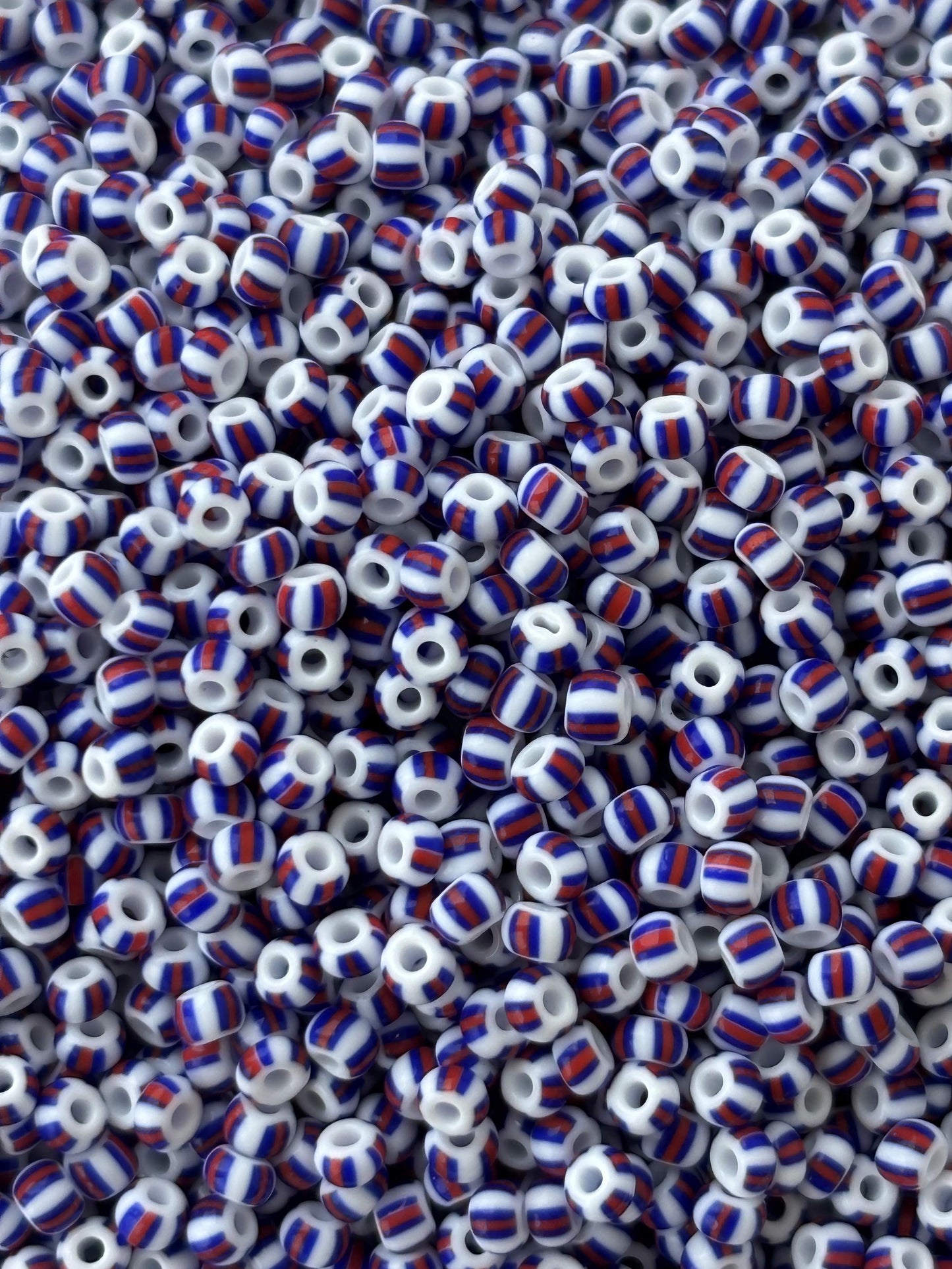 Preciosa White with Blue and Red Thick Stripe Seed Beads