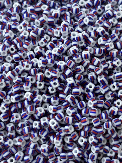 Preciosa White with Blue and Red Thick Stripe Seed Beads