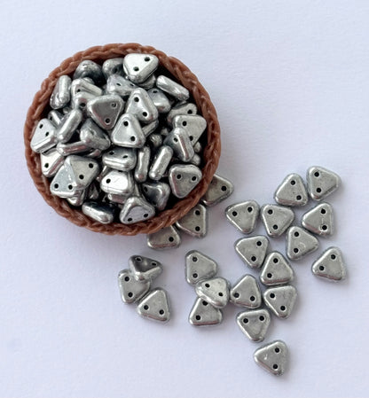Silver Metallic Two-Hole Triangle Glass Beads