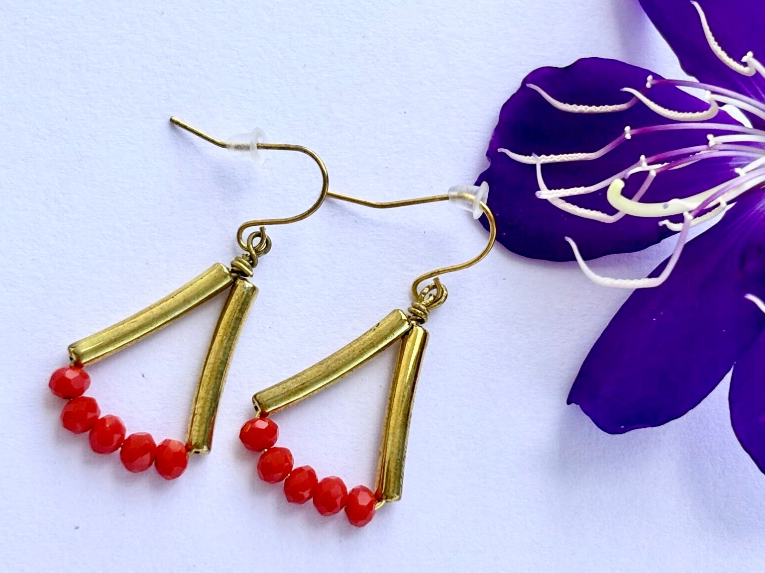 Handmade Gold and Red Beaded Triangle Earrings