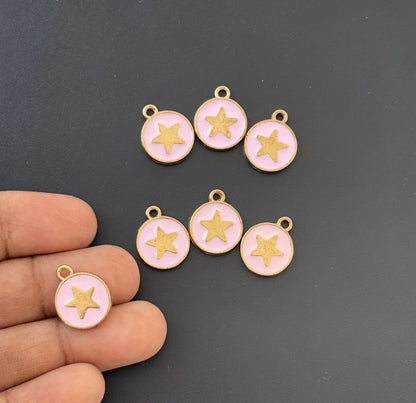 Four Pieces Enamelled Charms - Gold Star Pink Charms