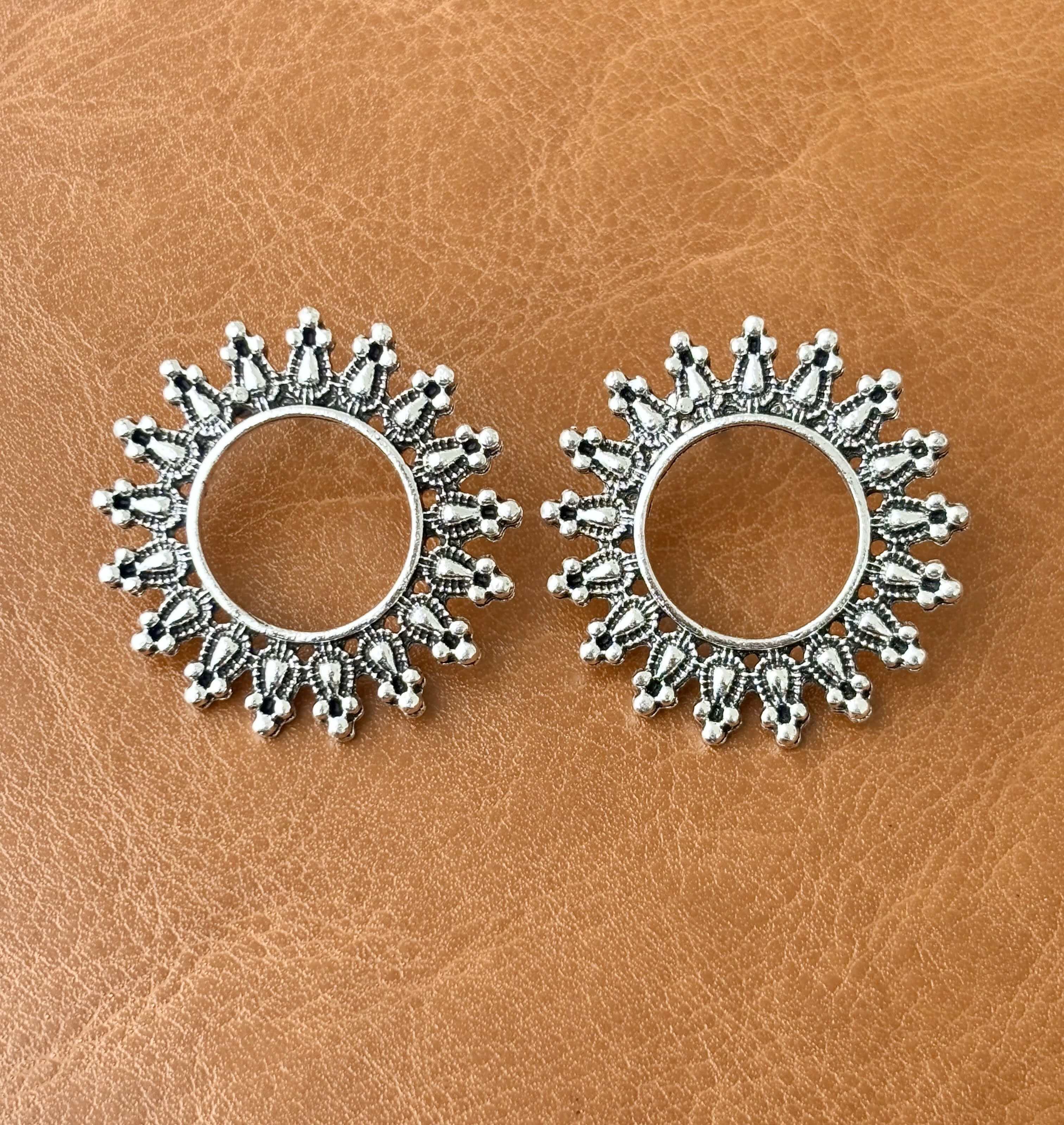 Flower Shaped Oxidised Silver Large Studs