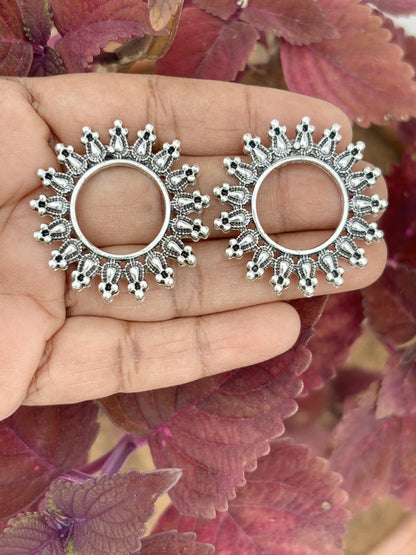 Flower Shaped Oxidised Silver Large Studs