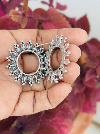 Flower Shaped Oxidised Silver Large Studs