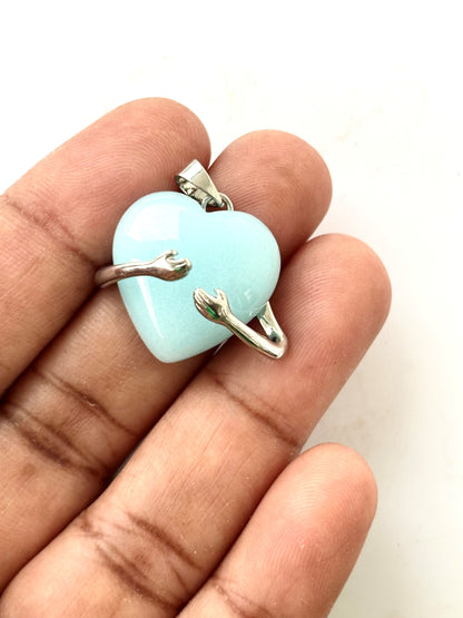 Light Blue Hugging Heart Semi-Precious Stone Pendant