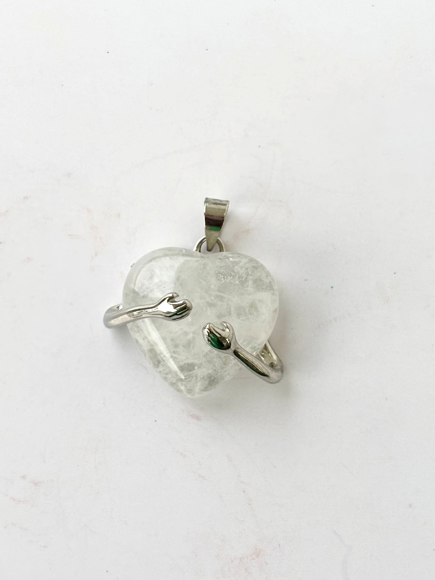 White Crystal Hugging Heart Semi-Precious Stone Pendant