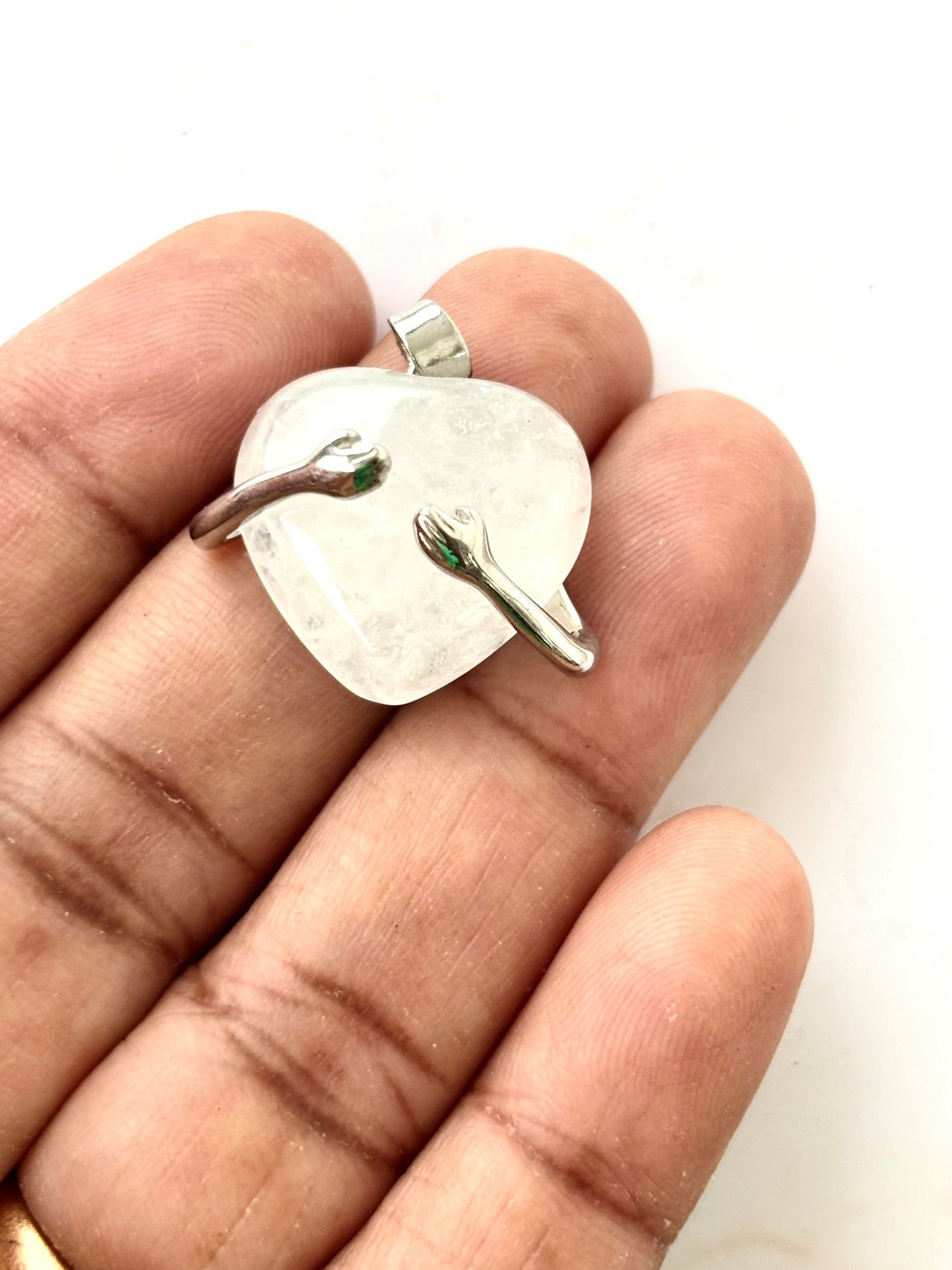 White Crystal Hugging Heart Semi-Precious Stone Pendant