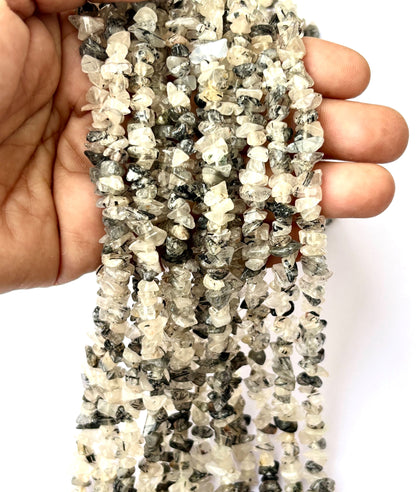 Black Tourmaline in Quartz Chip Beads - Natural Rutilated Quartz Chips
