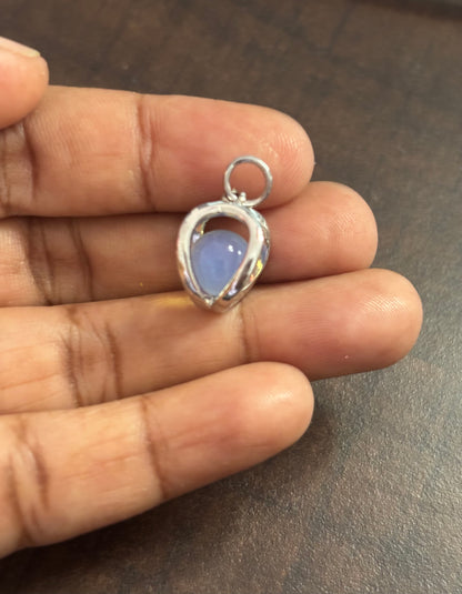 Tiny Light Blue Chalcedony - Silver Wrapped Teardrop Pendant
