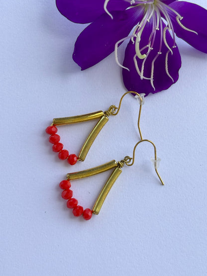 Handmade Gold and Red Beaded Triangle Earrings