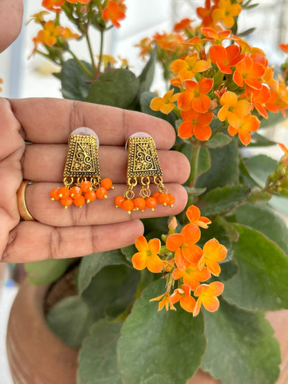 Handmade Oxidized Gold and Orange Bead Earrings