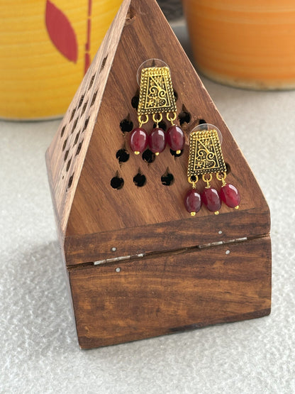Handmade Oxidized Gold and Maroon Bead Earrings
