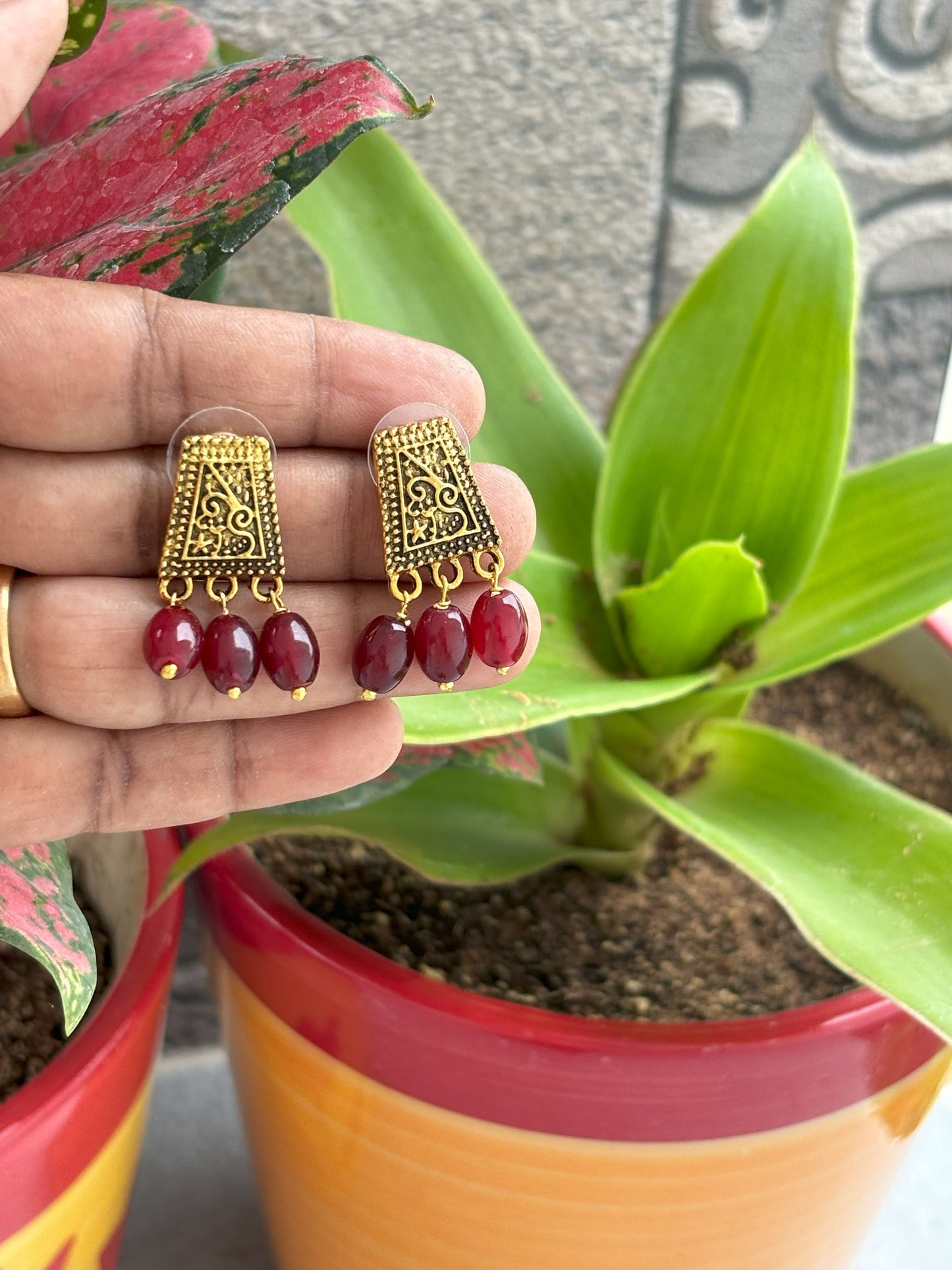 Handmade Oxidized Gold and Maroon Bead Earrings