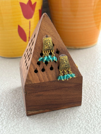 Handmade Oxidized Gold and Teal Bead Earrings