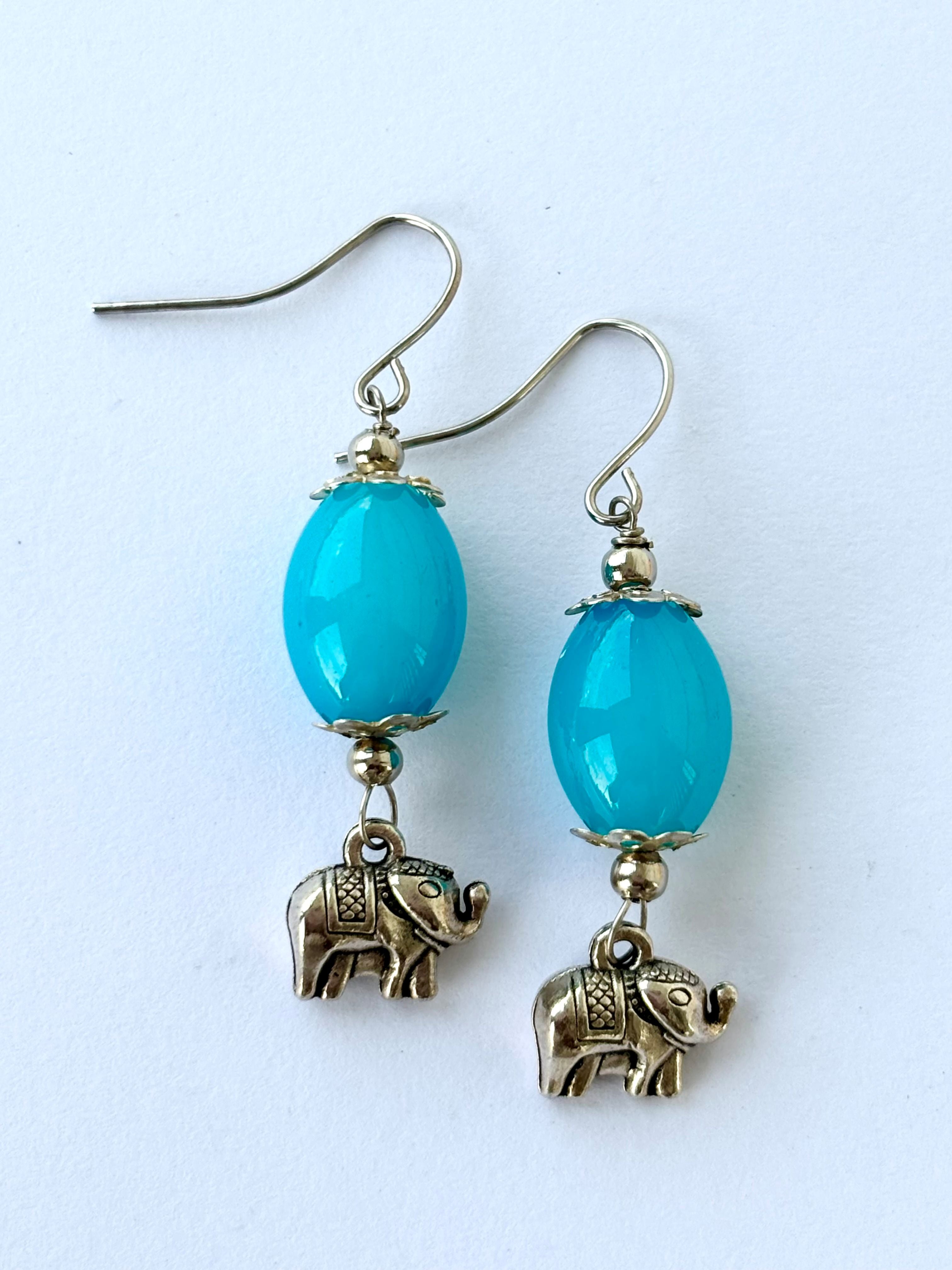 Handmade Aqua Blue Stone and Elephant Dangle Earrings